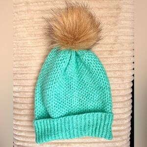 NWOT LOFT Tiffany Blue Knit Beanie with Faux Fur Pom-Pom